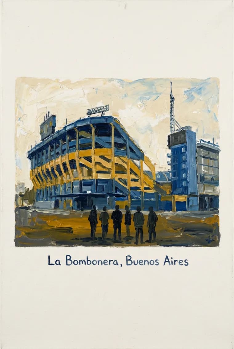 La page produite à partir de cette photo, huile sur toile claire, légende « La Bombonera, Buenos Aires »