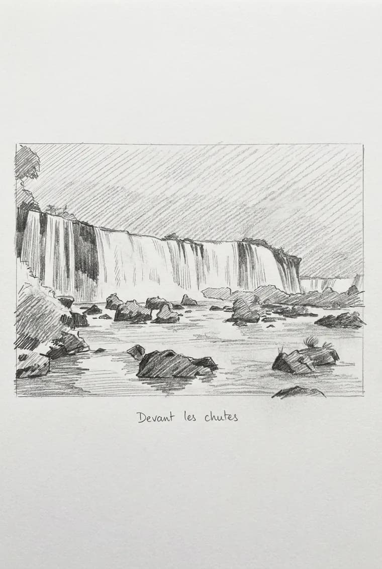 La page produite à partir de cette photo, crayon sur papier, légende « Devant les chutes »