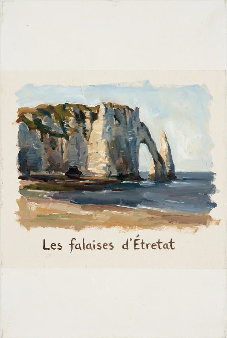 La page produite à partir de cette photo, huile sur toile claire, légende « Les falaises d'Étretat »