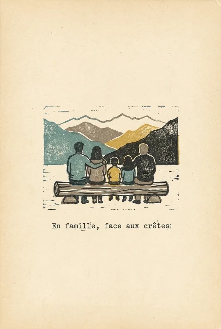 La page produite à partir de cette photo, carnet de terrain, légende « En famille, face aux crêtes »