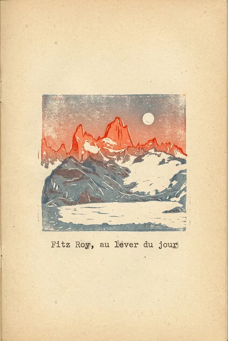 La page produite à partir de cette photo, carnet de terrain, légende « Fitz Roy, au lever du jour »