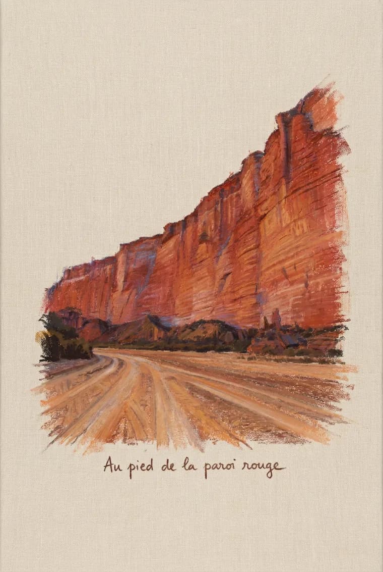 La page produite à partir de cette photo, pastel sur toile, légende « Au pied de la paroi rouge »