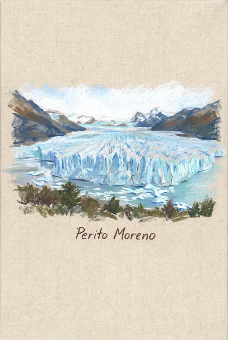 La page produite à partir de cette photo, pastel sur toile, légende « Perito Moreno »