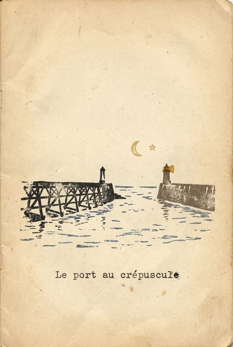 La page produite à partir de cette photo, carnet de terrain, légende « Le port au crépuscule »